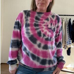 Women's 42 (6) Cashmere Wool Prada Logo sweater Tie Dye Spellout knit Navy pink